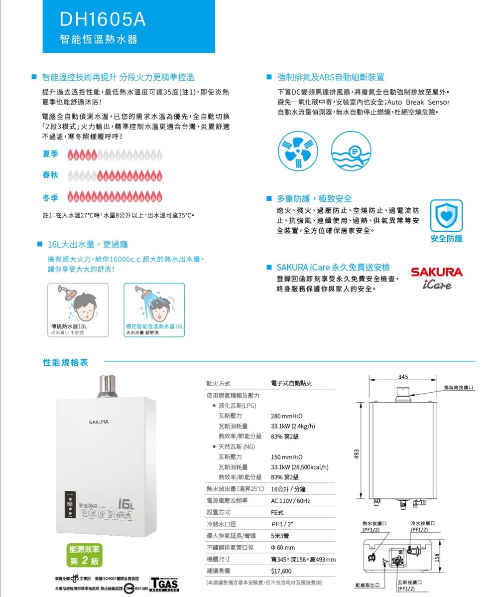 櫻花 DH1605A 強制排氣熱水器
